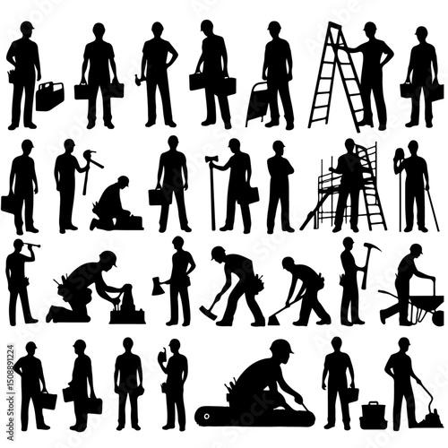 Men Construction Workers Silhouette Set for Craftsmanship Design