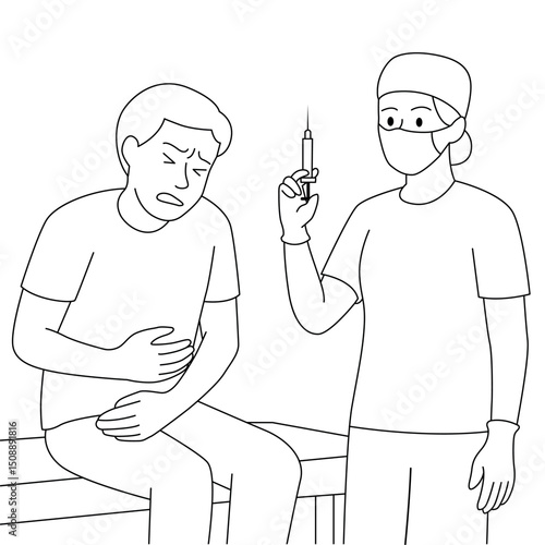 Doctor holding syringe preparing to inject male patient with stomach pain. Medical treatment concept. Line art vector illustration.