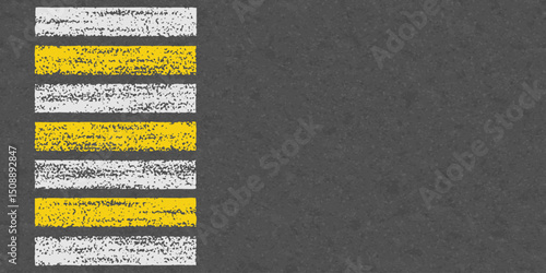 Asphalt road with pedestrian crosswalk lines. Top view of pedestrian zebra, safety walk signs on street. White and yellow line marks on black asphalt of city lane, road or highway, vector illustration