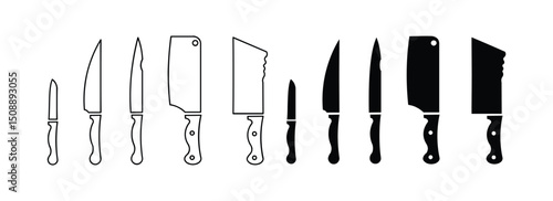  Kinds of kitchen knife sign symbol silhouette. Butcher knife silhouette symbol icon vector. Knife icon vector.