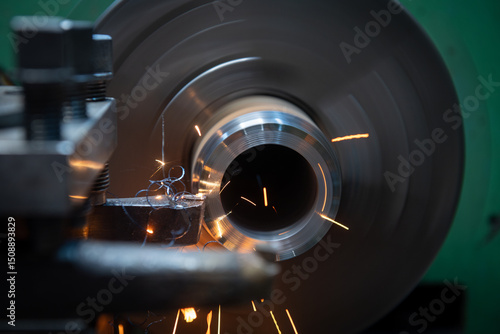 A turner grinds a part from an iron rod on a lathe. Metalworking parts on a lathe.