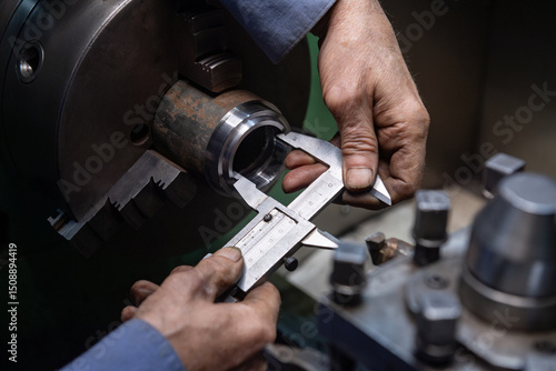 Measuring a part secured in the lathe chuck with a caliper, rough, dirty hands demonstrate precision and attention to detail. The close-up highlights the craftsmanship and the intricate measurement to