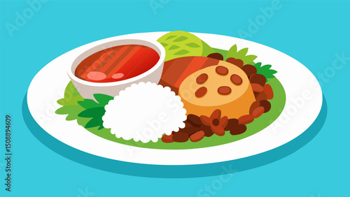 A beautiful and aromatic dish of La Bandera featuring a bed of fluffy white rice accompanied by a scoop of hearty stewed red beans and a side of marinated and grilled pork.. Vector illustration