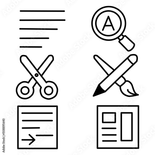 A set of black and white vector icons related to document editing, word processing, and design tools