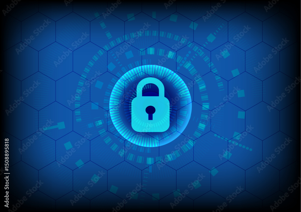 custom made wallpaper toronto digitalAbstract background, lock technology, privacy security. Padlock with hexagon blue cyberspace futuristic design vector. Concept of network security, firewall, encryption, safeguard online innovation.