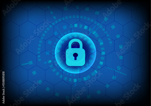 Abstract background, lock technology, privacy security. Padlock with hexagon blue cyberspace futuristic design vector. Concept of network security, firewall, encryption, safeguard online innovation.