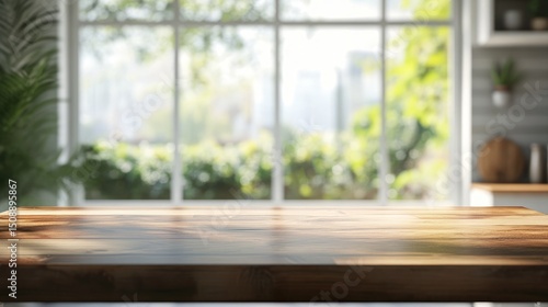 Blurred kitchen window background with empty tabletop