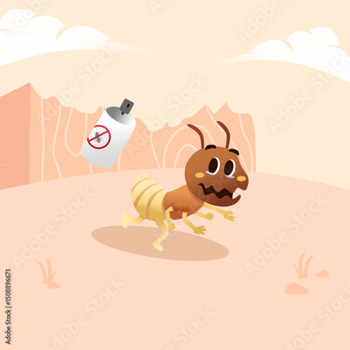 cute termite vector cartoon running fast in fear because he wants to be sprayed with termite repellent