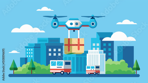 A delivery drone flies alongside the eVTOL carrying packages to the various companies in the tech park efficiently serving their needs.. Vector illustration