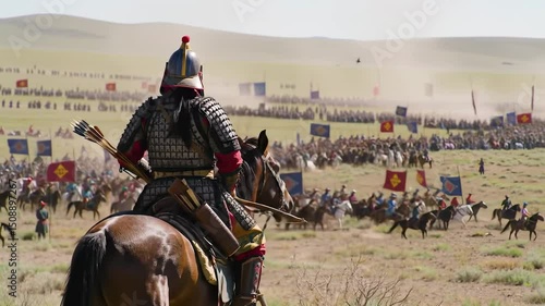Epic Mongolian historical battle with cavalry charge and warriors on horseback in a vast steppe landscape.