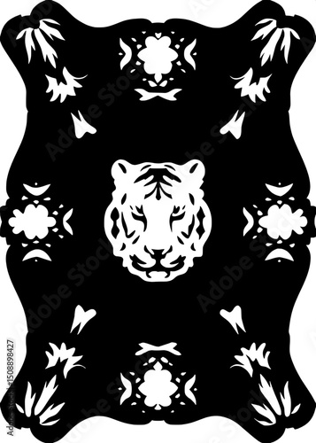A symmetrical, black and white illustration of a tiger’s head surrounded by subtle, ornamental line patterns forming a circular mandala. The face remains the focal point, while the background remains 