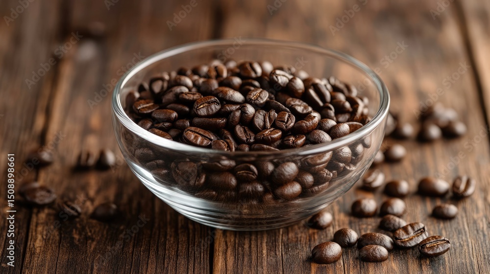 Fototapeta premium Coffee beans in glass bowl on wooden surface with empty space. Dark coffee bean backdrop.
