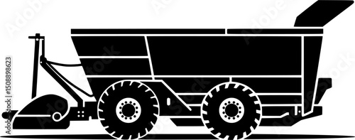 Bold black silhouette of a modern manure spreader with rollers and chute, ideal for farming and vector designs