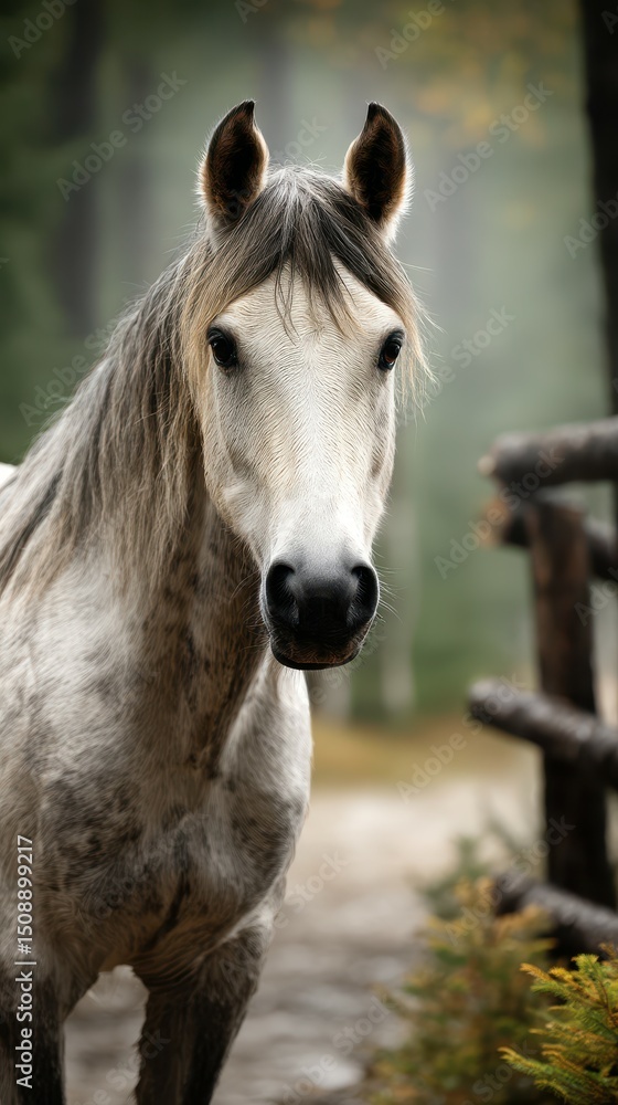 Naklejka premium Majestic white horse standing near a wooden fence in a serene forest during autumn afternoon