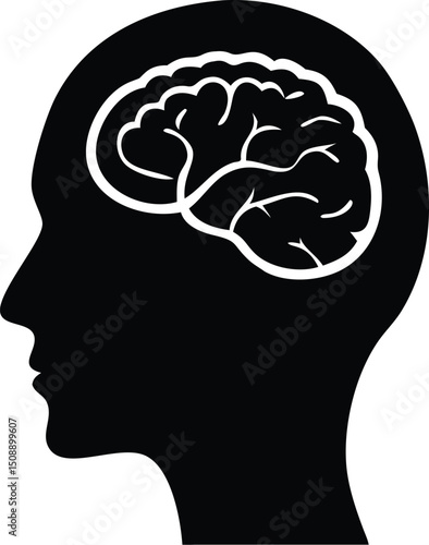 Black silhouette shows a white brain within the head facing left on white