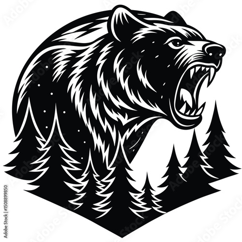 Roaring grizzly bear in forest night png ai generated