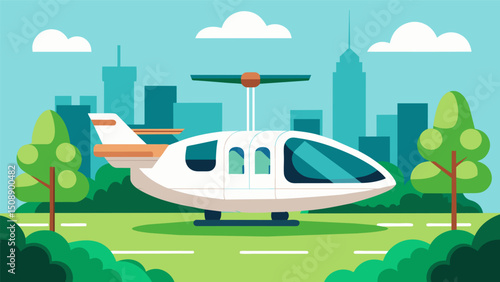 A modern air taxi with its streamlined design and minimal carbon footprint gracefully hovers over a bustling park showcasing its ecofriendly capabilities.. Vector illustration