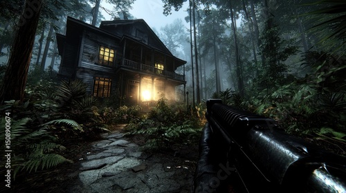 Foggy forest, creepy house, armed person approaching, game scene, horror game asset