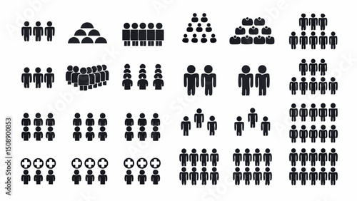 Illustration showcasing various arrangements and groupings of stylized human figures in silhouette format image |eps vectors