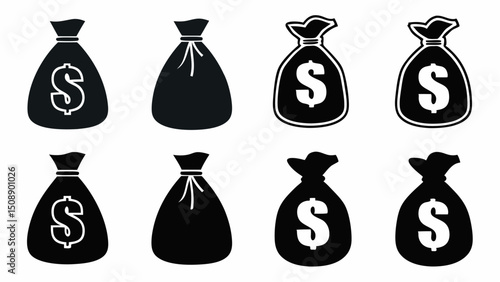 Collection of money bags with dollar signs and plain bags in a two by four arrangement design |eps vectors