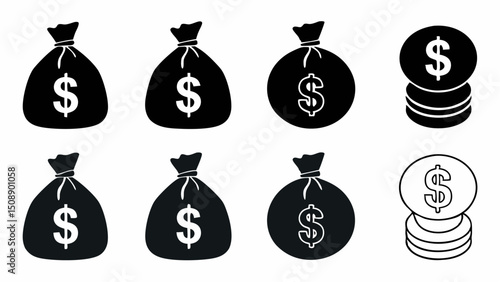 Illustration of six money bags with dollar signs and two stacks of coins in black and white colors |eps vectors