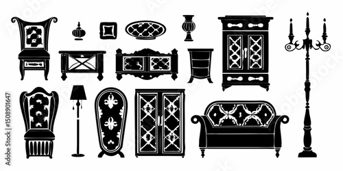 Collection of black and white furniture including chairs cabinets and lighting fixtures on display |eps vectors
