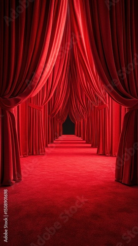 Red curtains create a luxurious and dramatic hallway leading to an unknown destination in a stylish venue