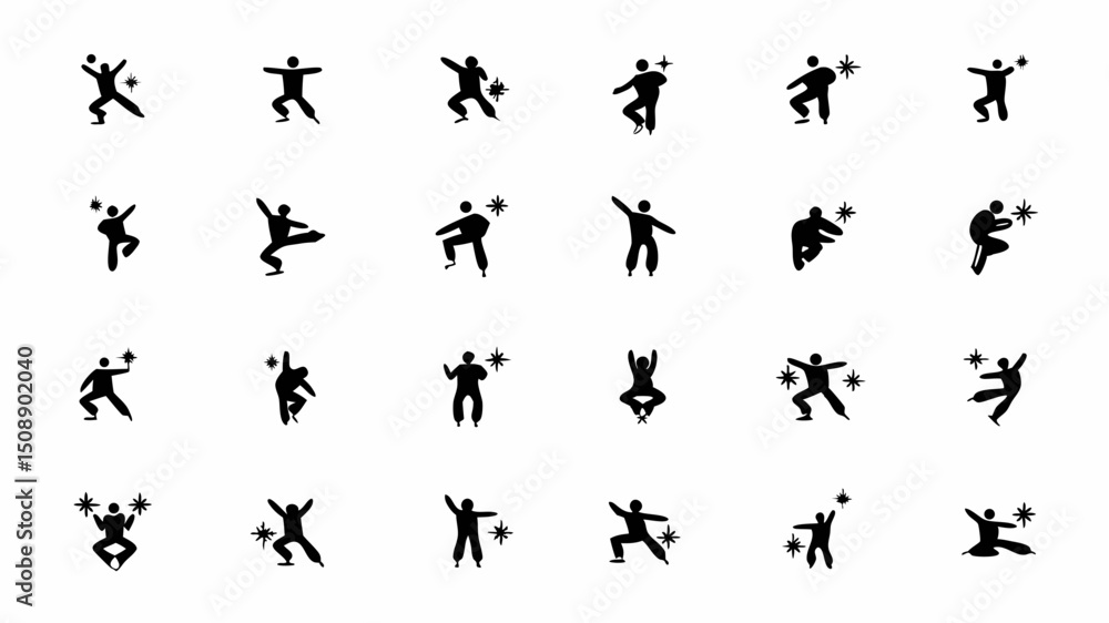 Naklejka premium Collection of stylized black silhouette figures in various poses with star accents scattered around them |eps vectors