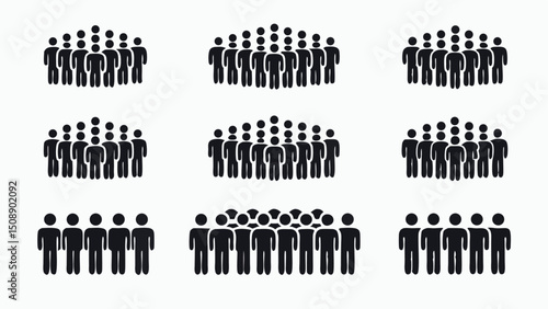Illustration of multiple groups of stick figures arranged in a grid pattern on a white background |eps vectors