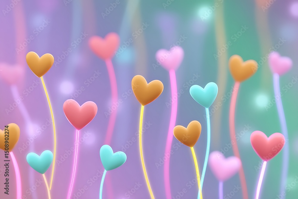 Neon Glowing Heart Shapes on Pastel Background Neon Glowing Heart Shapes on Pastel Background