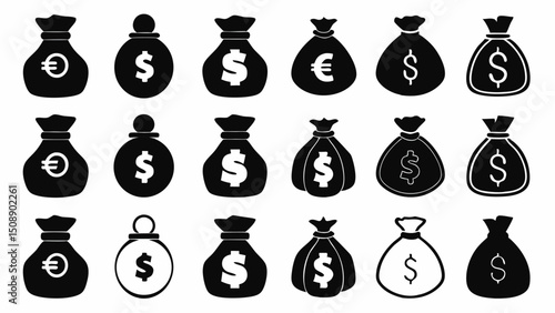 Illustration of multiple money bags with dollar and euro signs in black and white financial theme design |eps vectors