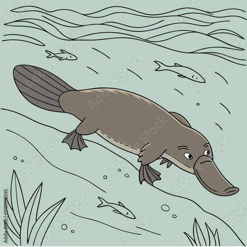 Platypus swimming underwater cartoon illustration png ai generated