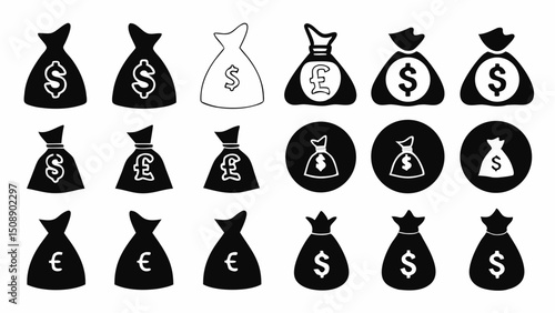 Illustration of money bags with dollar euro and pound symbols in various styles and presentations |eps vectors