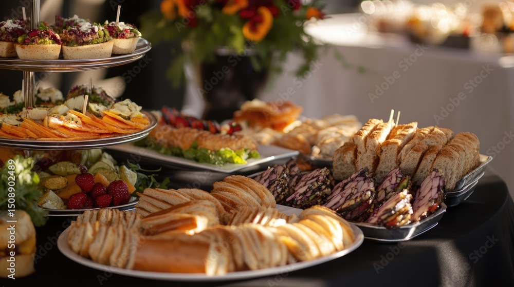 Naklejka premium Elegantly adorned banquet table featuring a variety of snacks and sandwiches at a festive corporate event.