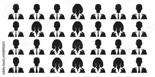Collection of twenty four black silhouette icons of business people in formal attire arranged in rows |eps vectors