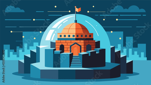 A fortress made of imtrable code generating a protective dome over a neverending stream of data.. Vector illustration