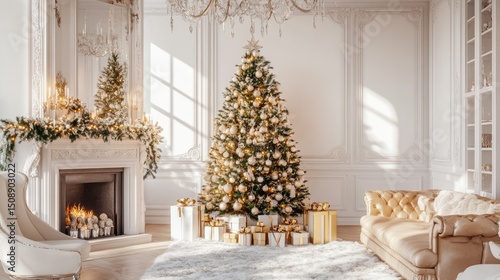 Festive interior with a beautiful Christmas tree