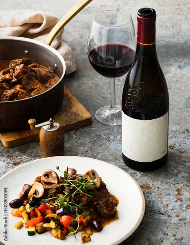 beef bourguignon and wine