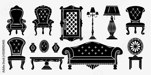 Collection of antique furniture silhouettes including chairs tables lamps and a cabinet design elements |eps vectors