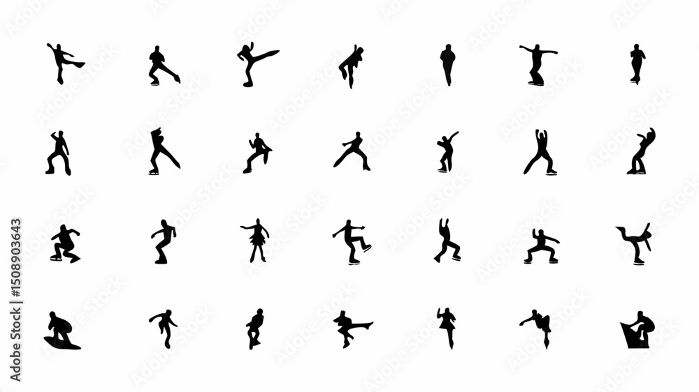 Collection of small silhouette figures performing various ice skating poses on a white background scene |eps vectors Collection of small silhouette figures performing various ice skating poses on a white background scene |eps vectors