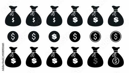 Illustration of multiple money bags and coins with dollar signs in black and white color scheme design |eps vectors