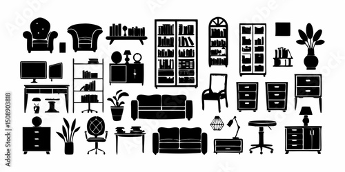 Illustration featuring a collection of furniture items including sofas, chairs, tables, and storage units |eps vectors