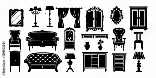 Collection of silhouette furniture including sofas, chairs, mirrors, lamps, and cabinets in black color |eps vectors
