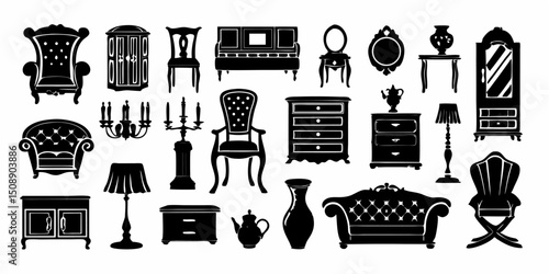 Collection of silhouette furniture items including chairs sofas tables and storage pieces in black color |eps vectors