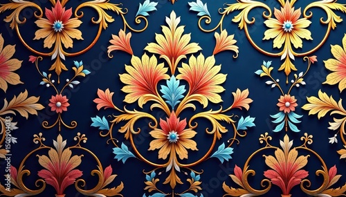 Intricate floral damask textile, elegant swirls , arabesque, vector, elegant