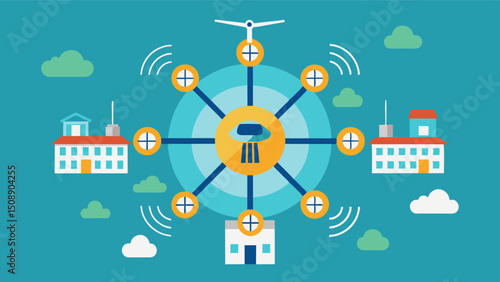 A centralized control hub manages the movement of drones and ensures efficient routes for emergency responders.. Vector illustration