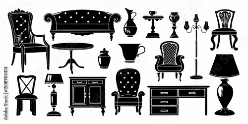 Illustration of various furniture items including chairs sofas tables and lamps in black and white style |eps vectors