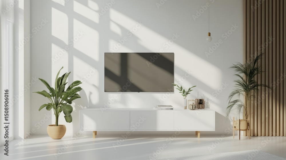 Fototapeta premium Minimal living room interior with white wall background and TV cabinet.