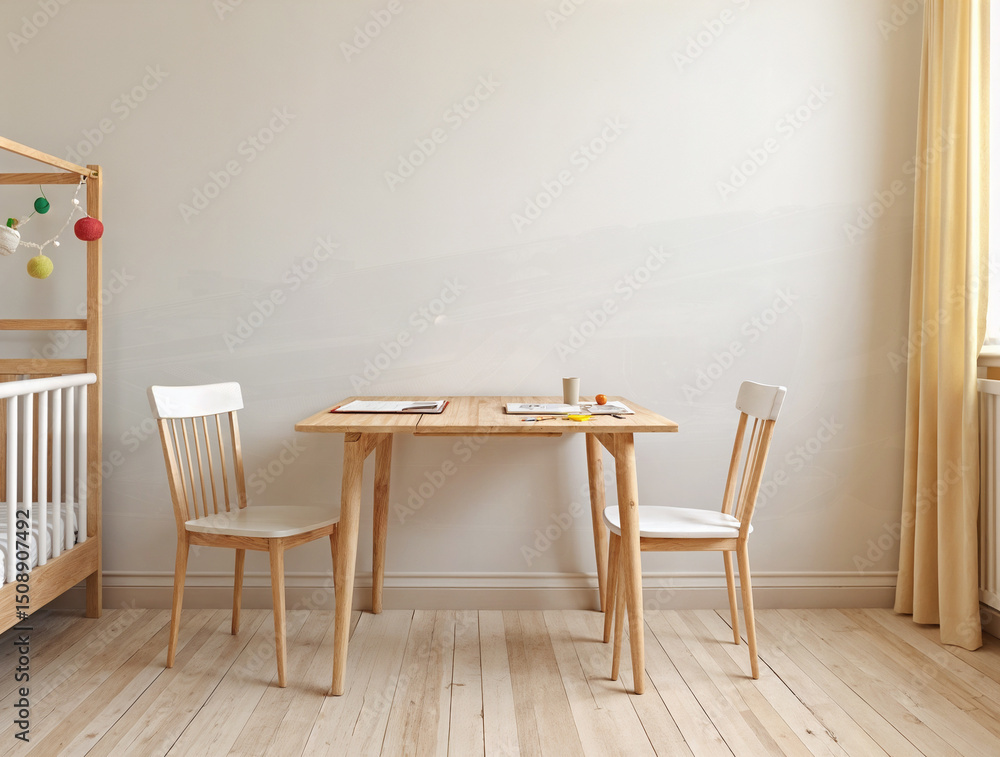 Fototapeta premium Empty wooden table in baby room. Space for text