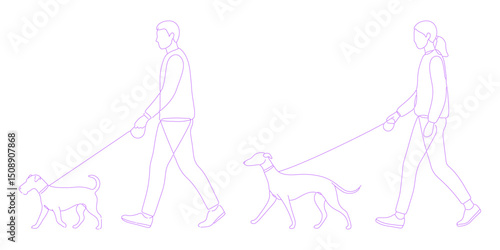 person walking a dog pose lineart illustration